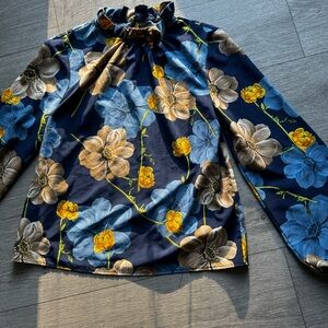 SHEIN Navy Floral Ruffle-Neck Long Sleeve Top